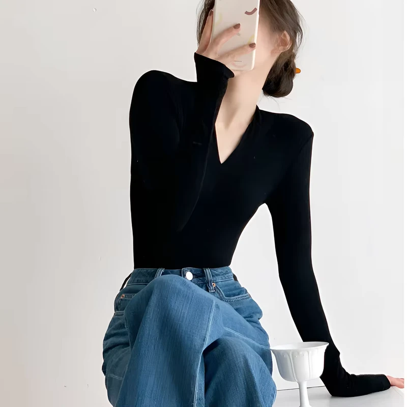 CHINEE-Spicy-Girl-Sexy-Office-Lady-V-neck-Solid-Washed-Breathable-Base-Shirt-Autumn-Winter-Black-Long-Sleeved-T-shirt-for-Women-Slim