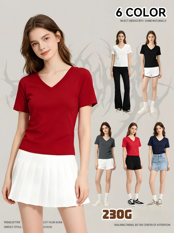 CHINEE-Spicy-Girl-V-Neck-T-Shirt-Cotton-Spandex-Form-Fitting-Tee-Slim-Fit-Straight-Shoulder-Short-Sleeve-Basic-Upper-Top