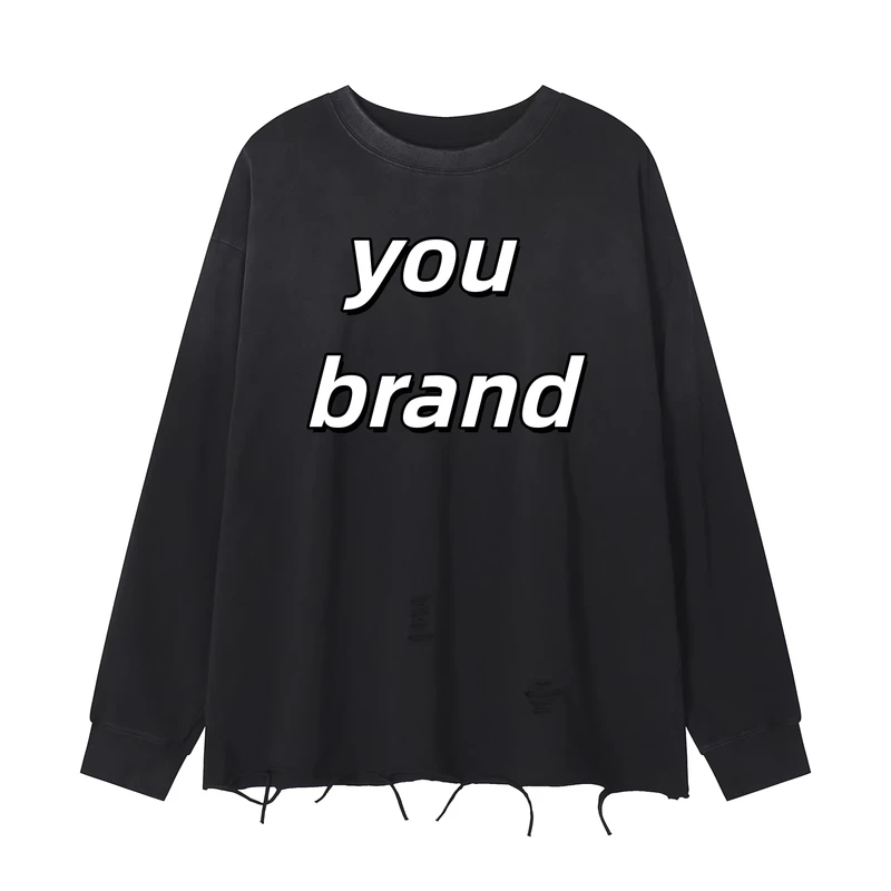 CHINEE-Spray-Horse-Chestnut-Wash-Gradient-Fading-Blank-Pattern-270g-Heavyweight-Pure-Cotton-Hand-Cut-Retro-Long-Sleeved-T-shirt-OEM