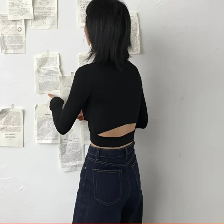 CHINEE-Spring-Autumn-Hong-Kong-Style-Breathable-Washed-Cotton-Spandex-Short-Long-Sleeved-Watch-T-shirt-Women-Niche-Exposed-Waist-Sexy