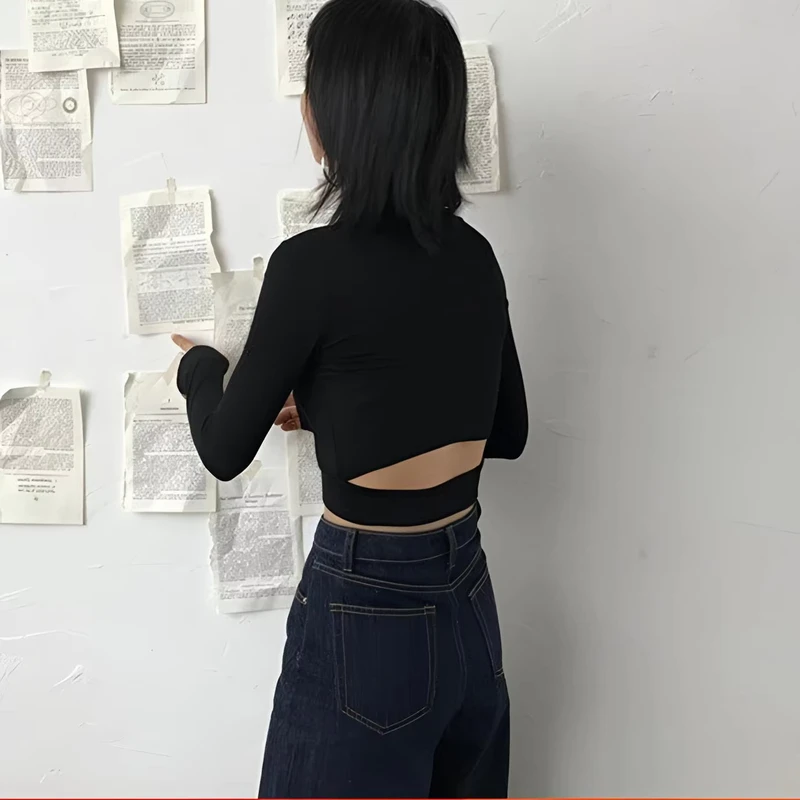 CHINEE-Spring-Autumn-Hong-Kong-Style-Breathable-Washed-Cotton-Spandex-Short-Long-Sleeved-Watch-T-shirt-Women-Niche-Exposed-Waist-Sexy