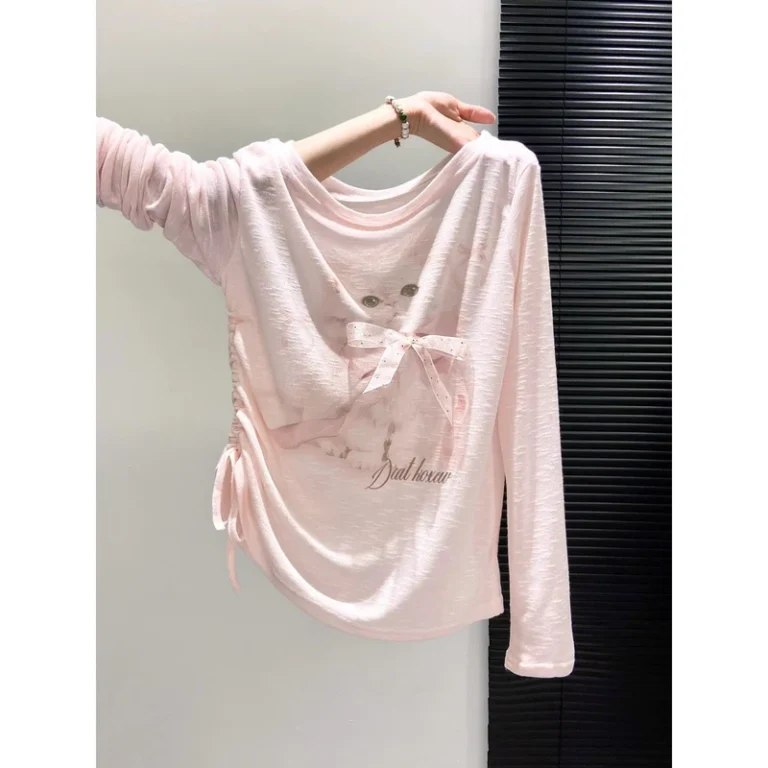 CHINEE-Spring-Autumn-New-Cute-Cat-Print-Polyester-Soft-Long-Sleeve-T-Shirt-Women-Slim-Fit-Pleated-Design-Sun-Protection-Cover-Up