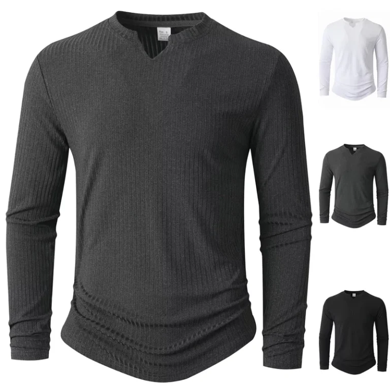 CHINEE-Spring-Autumn-Slim-Fit-Polyester-Spandex-V-Neck-Long-Sleeve-Striped-Casual-Sports-Fashion-Mens-T-Shirt