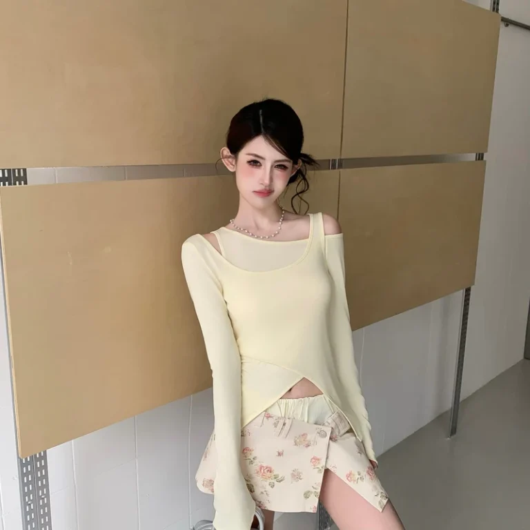 CHINEE-Spring-Hot-Girl-Asymmetrical-Off-Shoulder-Multi-Way-Cinched-Waist-Slimming-Long-Sleeve-T-Shirt-Designed-Two-Piece-Set