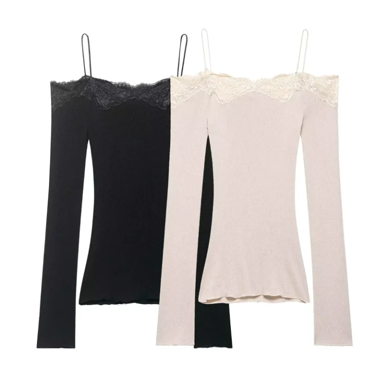 CHINEE-Spring-New-Arrival-Elegant-and-Versatile-Long-Sleeved-Straight-Neck-Lace-Off-Shoulder-Patchwork-T-Shirt