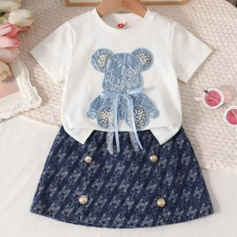 CHINEE-Spring-Summer-New-Girl-Sweet-Soft-Knit-Short-Sleeve-Bear-Patch-Embroidered-White-T-Shirt-Denim-Skirt-Pants-Two-Piece-Set