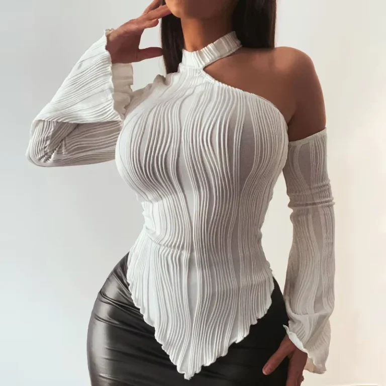 CHINEE-Spring-Women-Striped-Streetwear-Long-Sleeve-Asymmetrical-Halter-Neck-T-Shirt-Spicy-Girl-Inner-Layering-Top