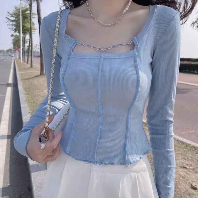 CHINEE-Square-Collar-Irregular-Blouse-Lightweight-Crop-Top-Slim-fit-Long-Sleeve-T-shirt