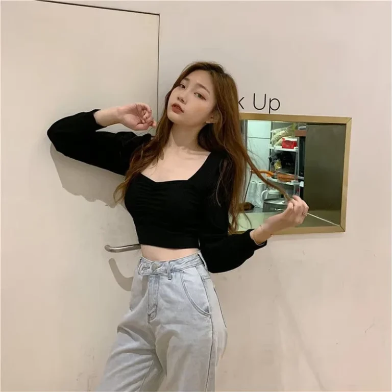 CHINEE-Square-Collar-Leak-Collarbone-Bubble-Sleeve-Short-Top-Womens-Versatile-Ins-High-Waisted-Long-Sleeved-T-shirt-Breathable-Design
