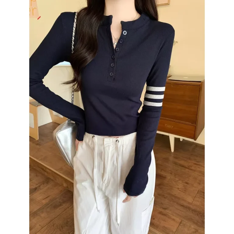 CHINEE-Stand-collar-Long-sleeve-T-shirt-for-Women-Slim-fit-Striped-Splicing-Base-Shirt-Early-Autumn-Sweet-and-Spicy-Short-Top