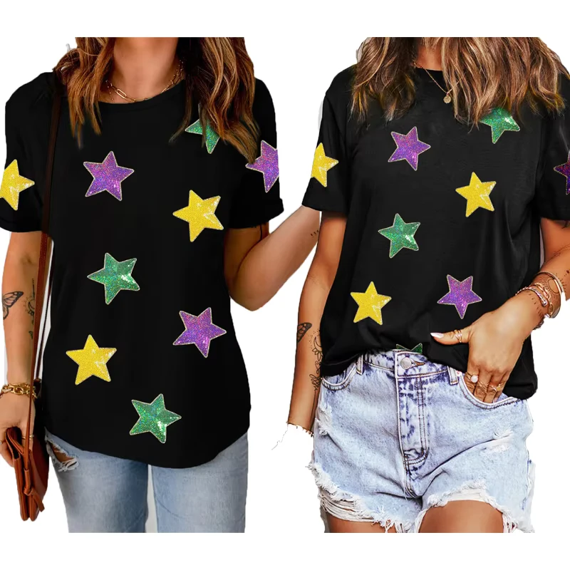 CHINEE-Star-Appliqu-Black-Short-Sleeve-Cotton-Blend-T-shirt-Shiny-Glitter-Sequin-Mardi-Gras-T-Shirts-Sequin-Stars-Black-T-Shirt
