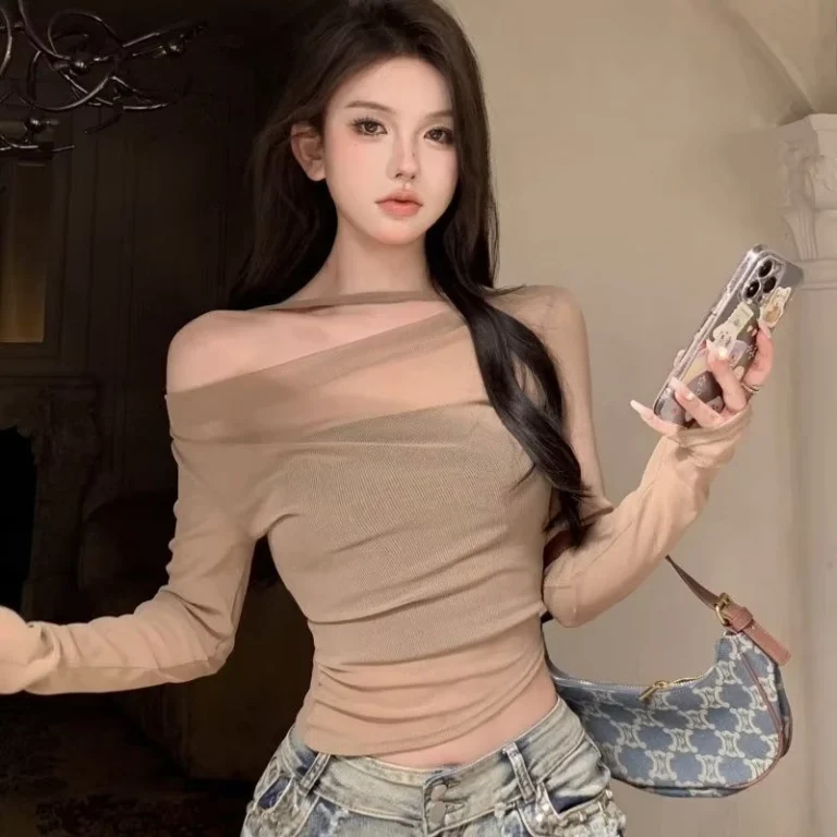 CHINEE-Straight-Shoulder-Base-Sweater-Netting-T-Shirt-Soft-Long-Sleeve-Short-Top