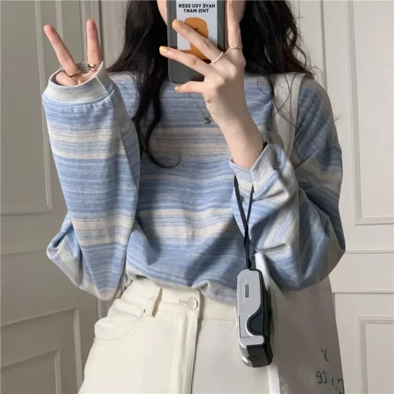 CHINEE-Striped-T-shirt-Autumn-Long-Sleeve-Collegiate-Style-Korean-Version-Round-Neck-Loose-Thin-Model