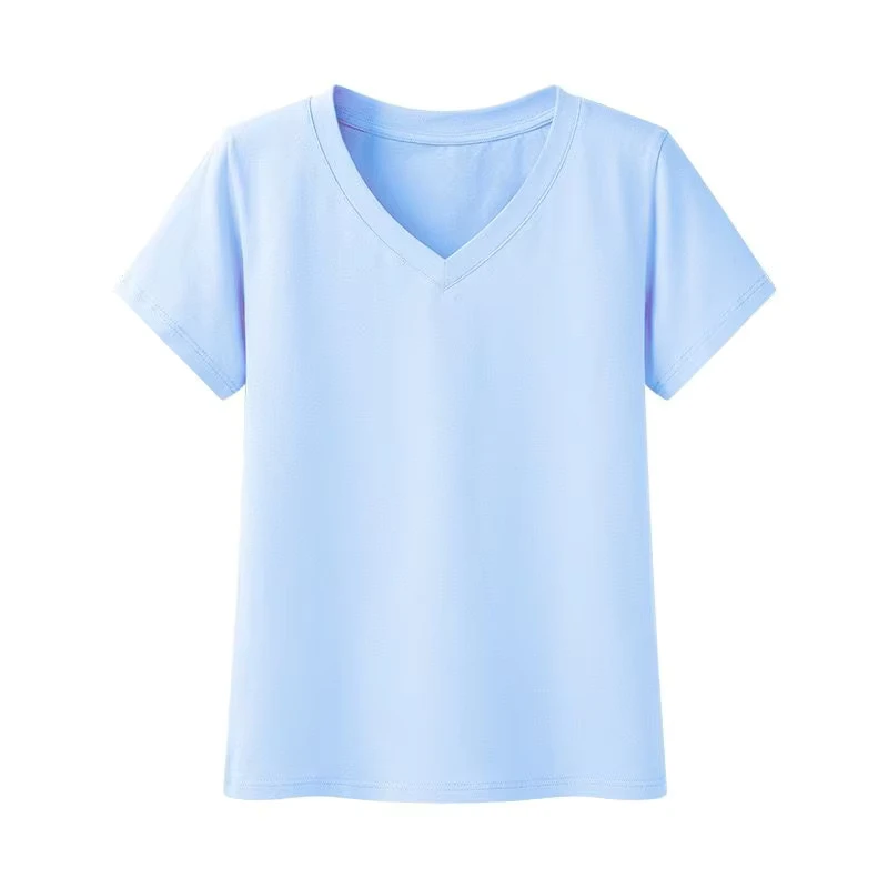 CHINEE-Summer-100-Cotton-V-neck-T-shirt-Woman-High-Quality-Cotton-t-Shirt-Custom-logo-Slim-Fit-Casual-Blank-Printing-Tshirts