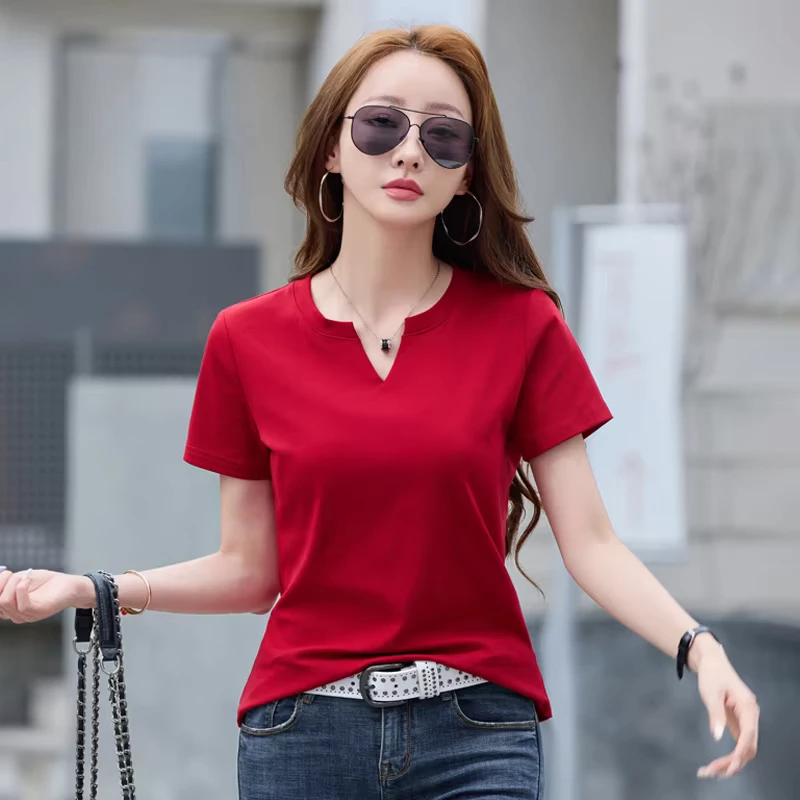 CHINEE-Summer-91-Cotton-9-Spandex-Custom-Logo-Tshirt-Slim-Fit-Crew-Neck-V-Design-Women-Stretch-Cotton-T-Shirt