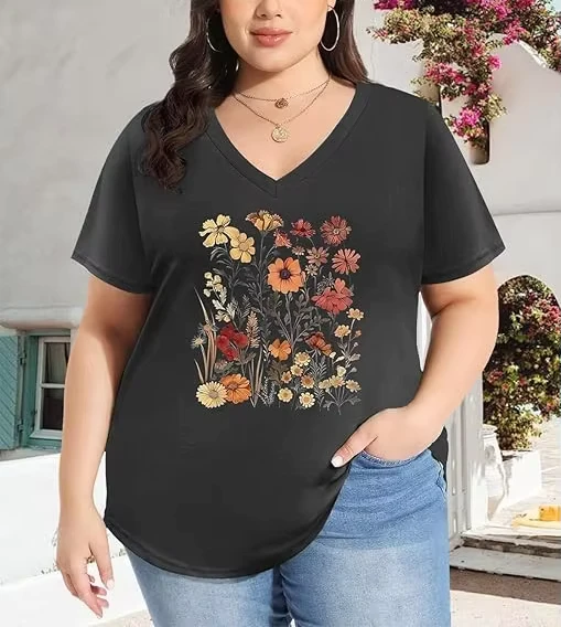 CHINEE-Summer-High-Quality-Tees-Customized-Logo-100-Cotton-Floral-Printed-Casual-Wear-V-Neck-Solid-T-Shirt-for-Plus-Size-Women