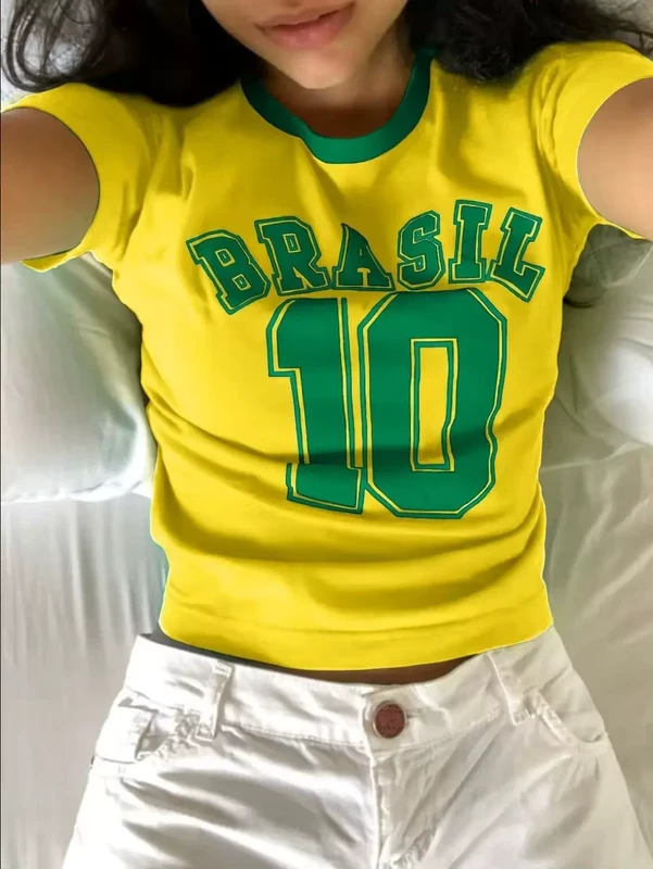 CHINEE-Summer-New-Cross-Border-Brazilian-Letter-Printed-T-shirt-Street-Contrasting-Slim-Fit-Spicy-Girl-Short-Sleeve-T-shirt