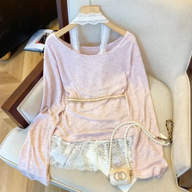 CHINEE-Summer-New-Fashionable-Lace-Splicing-Two-Piece-Knitted-Long-Sleeve-Womens-T-shirt