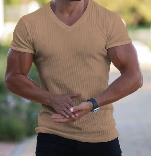 CHINEE-Summer-Sporty-Sports-Fitness-Slim-Fit-Stripes-V-Neck-Short-Sleeve-Custom-Logo-Silk-Screen-Printed-Anti-UV-Breathable