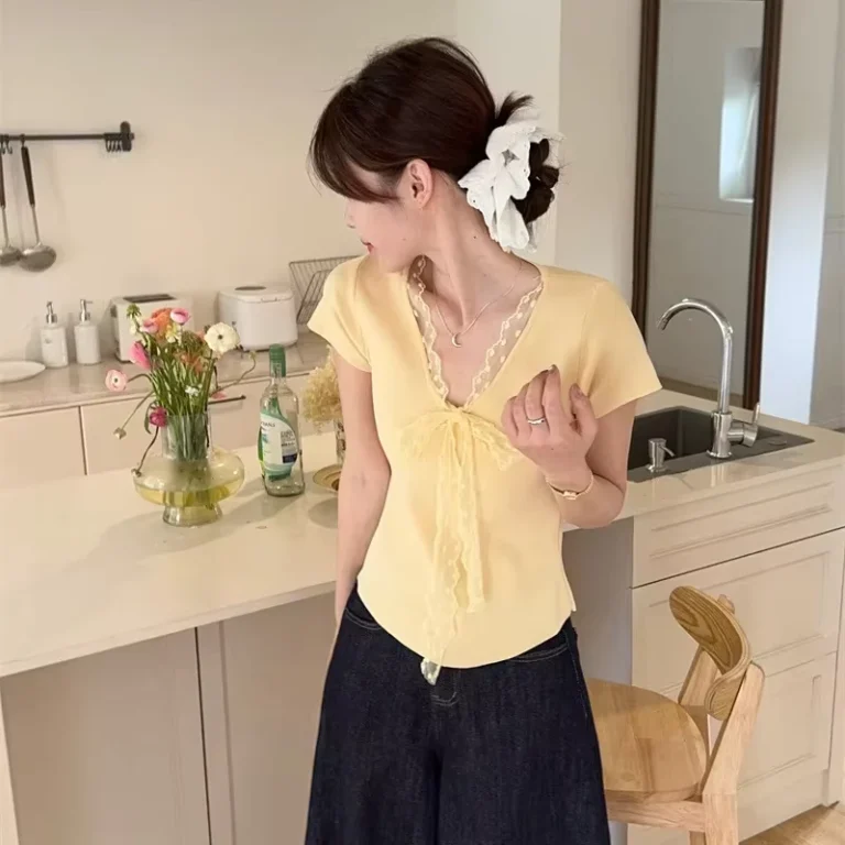 CHINEE-Summer-Sweet-Lace-Strappy-V-Neck-Short-Sleeve-T-Shirt-for-Women-CustomT-shirt-Cotton