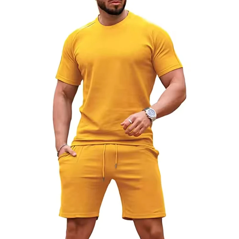 CHINEE-Summer-Terry-Mens-Two-Piece-Set-Sleeveless-Short-Sleeve-T-Shirt-and-Shorts-Casual-Quick-Dry-Solid-Polyester-Cotton-Fashion