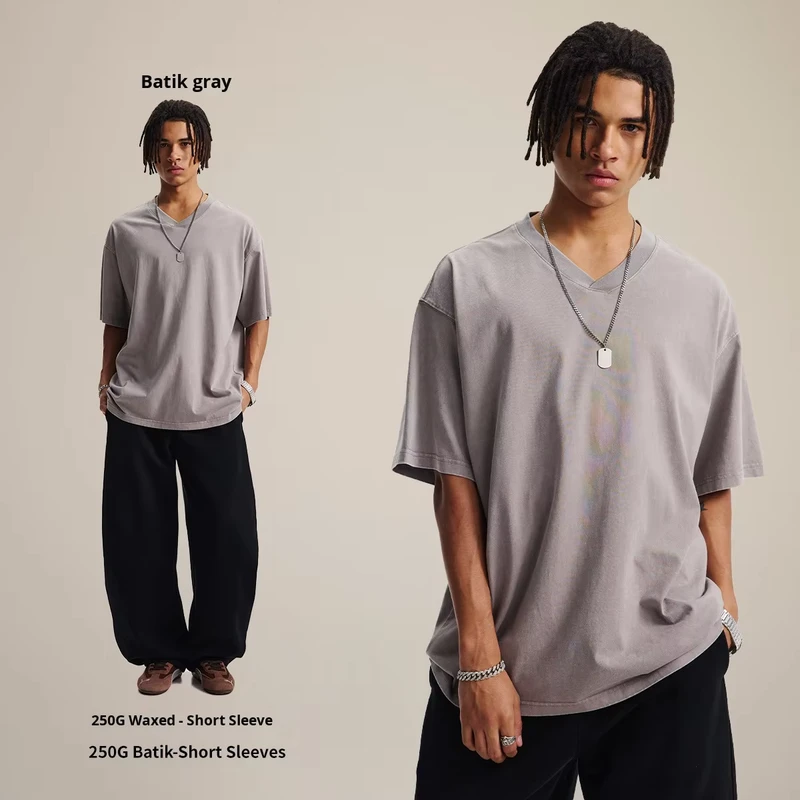 CHINEE-Summer-Trendy-Brand-High-Street-Mens-Vintage-T-Shirt-100-Cotton-Heavyweight-V-Neck-Short-Sleeve-Washed-Loose-Fit-Blank