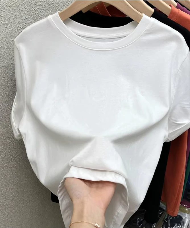CHINEE-Summer-Womens-Fashionable-Youthful-White-Cotton-T-Shirt-Short-Sleeve-Regular-Shoulder-Slim-Fit-Flattering-Shirt
