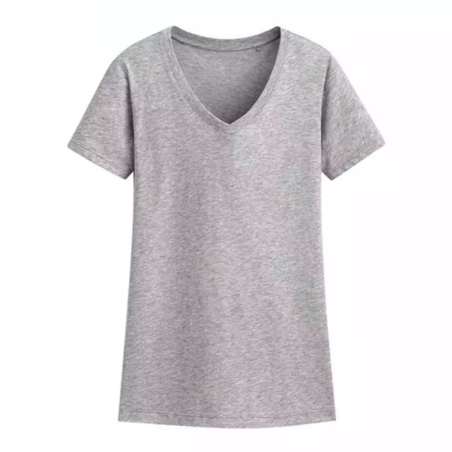 CHINEE-Summer-Womens-V-Neck-T-Shirt-OEM-Custom-Logo-Basic-Casual-Plus-Size-Design-Short-Sleeve-Cotton-Polyester-Grey-Factory