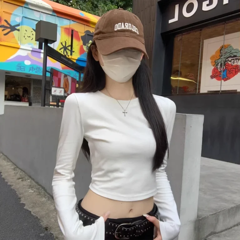 CHINEE-Sweet-Spicy-Slim-Fit-Embroidered-Girls-Short-Cropped-Top-with-Bare-Shoulders-Spring-Autumn-White-Long-sleeved-T-shirt-for-Women