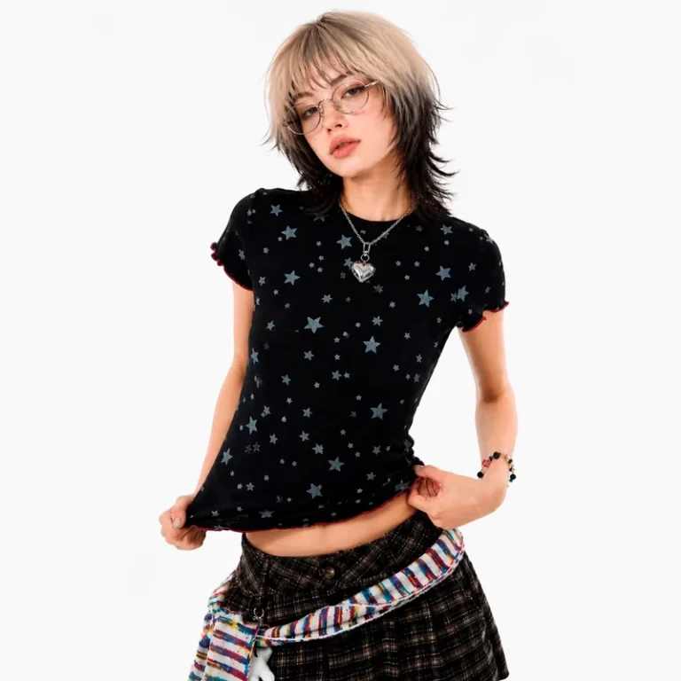 CHINEE-T-Shirt-95-Cotton-5-Spandex-Black-Skinny-Fit-Crew-Neck-Short-Sleeve-Star-Silk-Screen-Printing-Custom-Y2K-for-Women