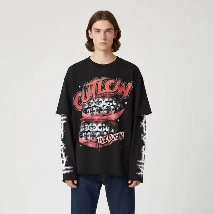 CHINEE-T-Shirt-Manufacturer-Custom-Vintage-Long-Sleeve-Shirt-Cotton-280gsm-T-shirts-Waffle-Knitted-Sleeve-Mens-T-shirt