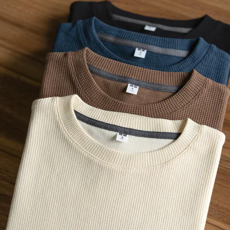 CHINEE-T-Shirts-for-Men-Top-Quality-Long-Sleeved-Sweaters-Waffle-Casual-O-Neck-Solid-China-Manufactures-OEM-Printed-Design