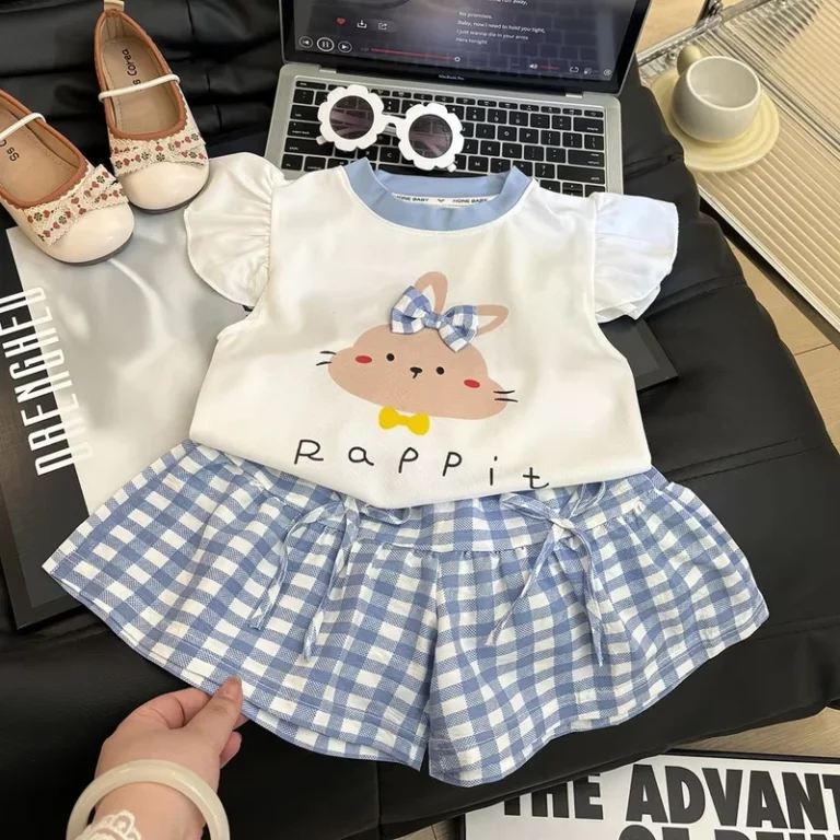 CHINEE-Toddler-Baby-Girl-2Pcs-Summer-Outfit-Cute-Rabbit-Print-Ruffle-Sleeve-T-Shirt-Blue-Gingham-Plaid-Bow-Shorts-Clothes-Set