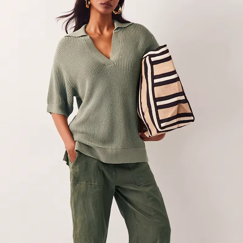 CHINEE-Top-Choice-for-Summer-with-Breathability-and-Coolness-Womens-V-Neck-Short-Sleeve-Loose-Knit-T-Shirt