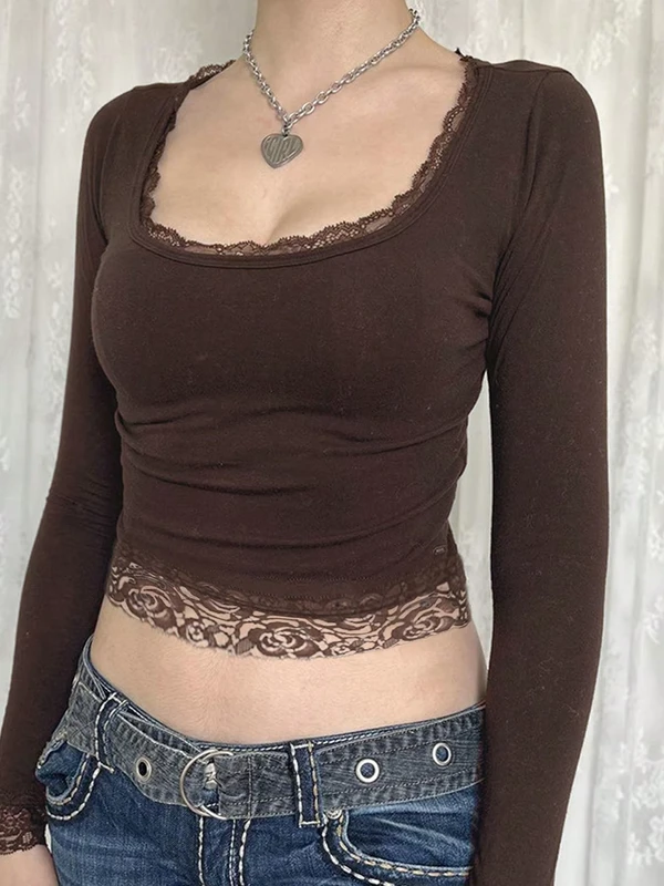 CHINEE-Trendy-Womens-Long-Sleeve-Crop-Top-Slim-Fit-U-Neck-Lace-Detail-T-Shirt-Y2K-Fashion