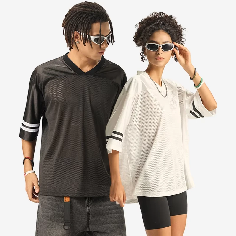 CHINEE-Unisex-V-Neck-Retro-Mesh-Striped-T-Shirt-Oversized-Breathable-Football-Jersey-Style-Short-Sleeve-Premium-Tshirt