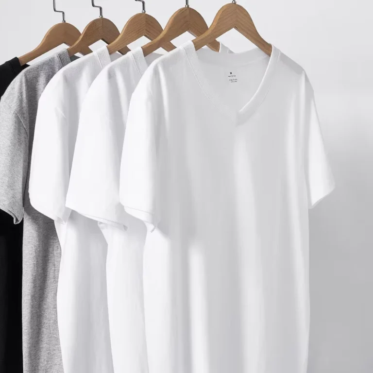 CHINEE-V-neck-Short-Sleeve-Mens-T-shirt-210g-White-Cotton-Summer-New-Slim-Fit-Casual-Eco-Friendly-Breathable-Seamless-Solid-Blank