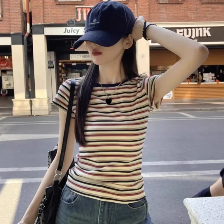 CHINEE-Vintage-Contrast-Color-Stripe-Design-Fashion-Womens-Summer-Slim-fit-Short-sleeved-Polyester-Soft-T-shirt-Trendy-Shirt