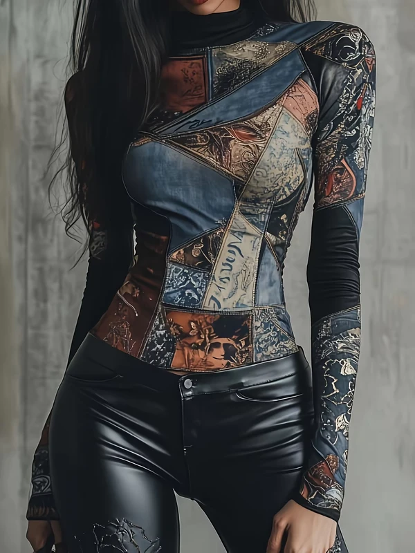 CHINEE-Vintage-Patchwork-Print-Turtleneck-Long-Sleeve-Top-Bodycon-Stretchy-Slim-Fit-Casual-T-Shirt-for-Women-Daily-Wear
