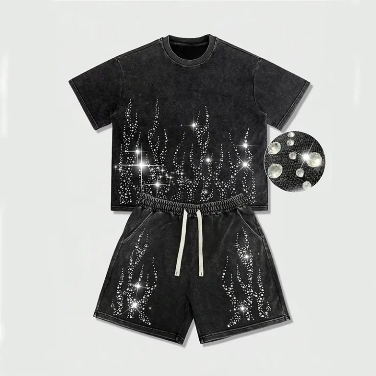 CHINEE-Washed-Black-Rhinestone-Flame-Men-T-Shirt-and-Shorts-Set-100-Cotton-Heavyweight-Streetwear-Summer-Outfit