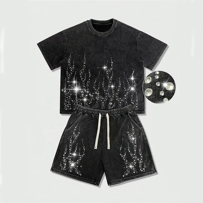 CHINEE-Washed-Black-Rhinestone-Flame-Men-T-Shirt-and-Shorts-Set-100-Cotton-Heavyweight-Streetwear-Summer-Outfit