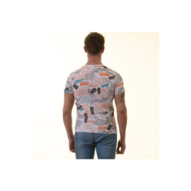 CHINEE-White-Orange-Black-World-Travel-Themed-Crew-Neck-Mens-T-Shirt-Cotton-Combed-Cotton-T-shirt