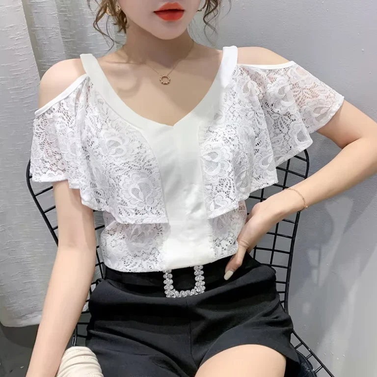 CHINEE-Wish2025-Summer-New-Lace-Ruffled-Shoulder-Baring-Slimming-Short-Sleeved-T-shirt-Womens-Fashionable-All-Matching-Top