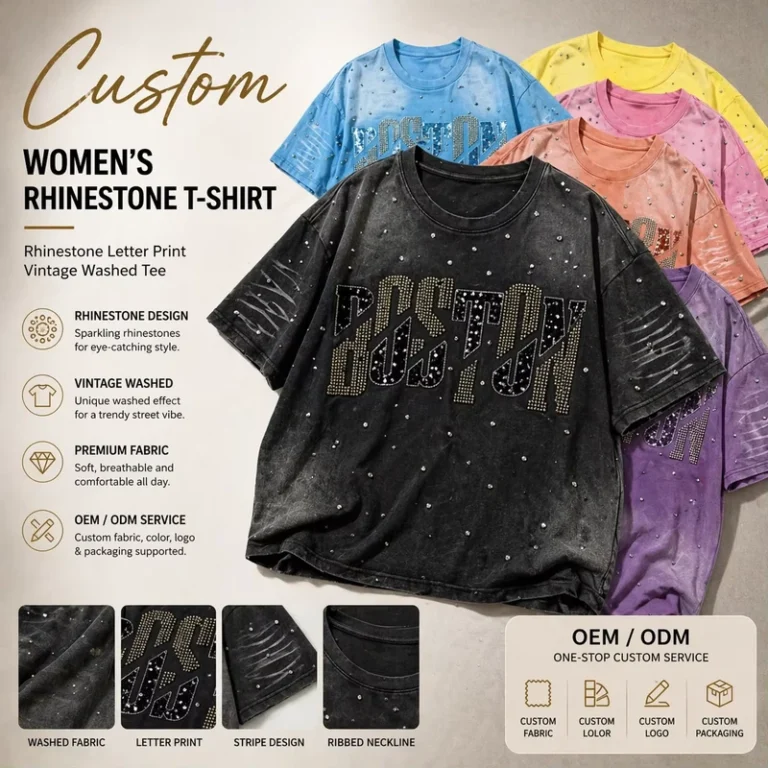 CHINEE-Wome-Rhinestone-Letter-Print-Vintage-Washed-T-shirt-Custom-OEM-ODM-Supply-Sparkle-studded-Graphic-Tee-Casual-Streetwear-Top