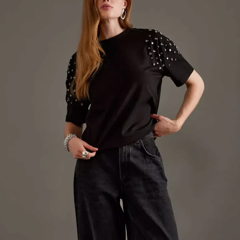 CHINEE-Women-Black-Short-Sleeve-T-Shirt-With-Rhinestone-Puff-Sleeves-O-Neck-Loose-Fit-Jersey-Cotton-Casual-Wear