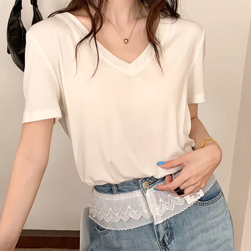 CHINEE-Women-Classic-V-neck-Fashion-Short-Sleeved-Knitted-Bottom-T-Shirt