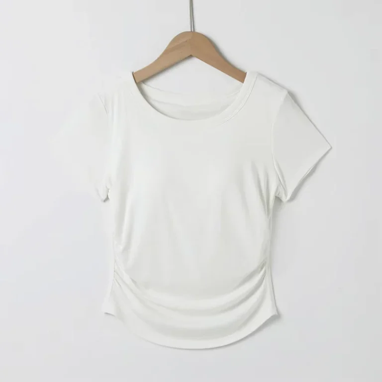 CHINEE-Women-Crew-Neck-Short-Sleeve-Tee-Shirts-Casual-Slim-Fit-T-Shirts-With-Ruched-Sides-Detail