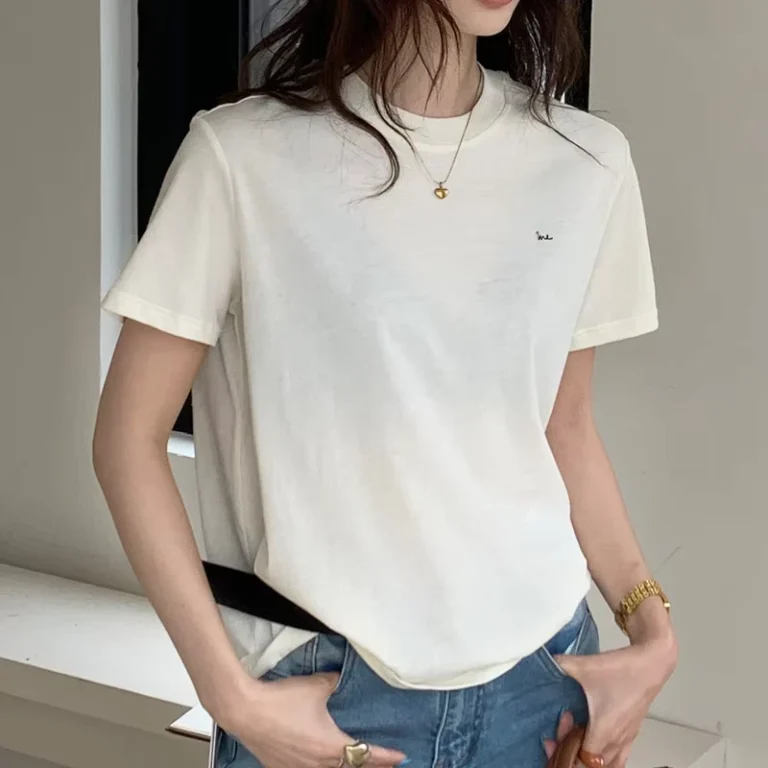 CHINEE-Women-Fashionable-Minimalist-Embroidered-Short-Sleeve-Knitted-T-Shirt