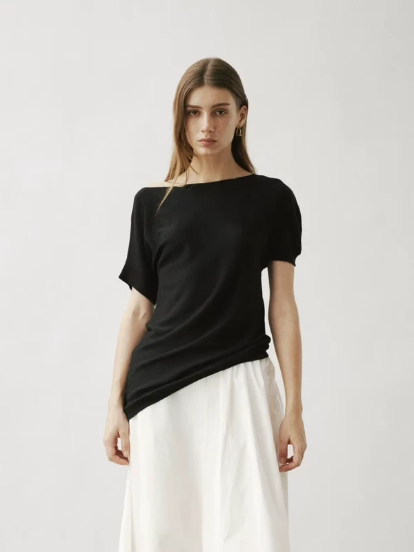 CHINEE-Women-Off-Shoulder-Knitted-T-shirt-Short-Sleeve-SS-New-VKC-Style-Asymmetrical-Elegant-Unique-Design-Top