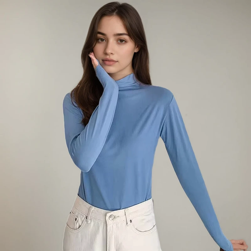 CHINEE-Women-Polyester-Cotton-Breathable-Anti-Pilling-Basic-Top-Autumn-Long-Sleeve-Turtleneck-T-shirts-Solid-Slim-Fit